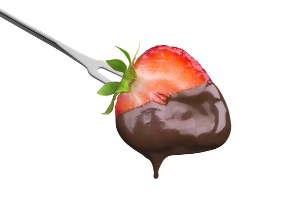 Fondue Moitié Une Fraise Mûre Chocolat Chaud Isolé Sur Fond — Photo