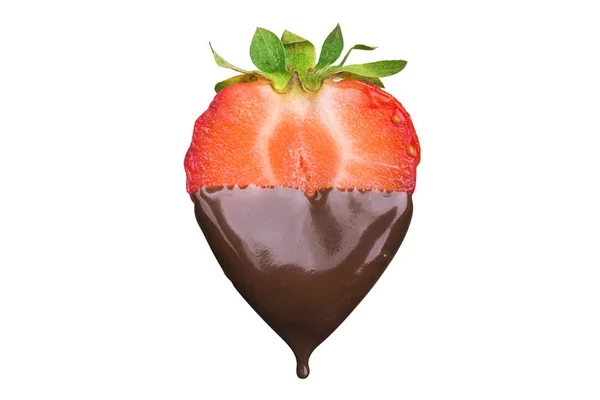 Fondue Hälfte Einer Reifen Erdbeere Heißer Schokolade Isoliert Auf Weißem — Stockfoto
