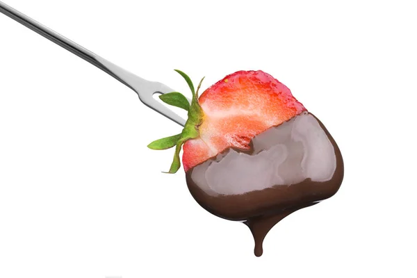 Fondue Moitié Une Fraise Mûre Chocolat Chaud Isolé Sur Fond — Photo