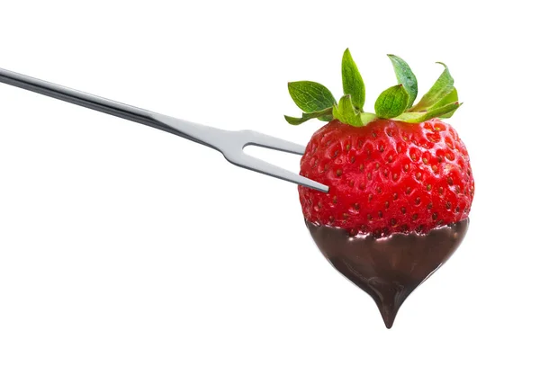 Fondue Erdbeere Heißer Schwarzer Schokolade Getränkt Auf Einer Gabel Isoliert — Stockfoto