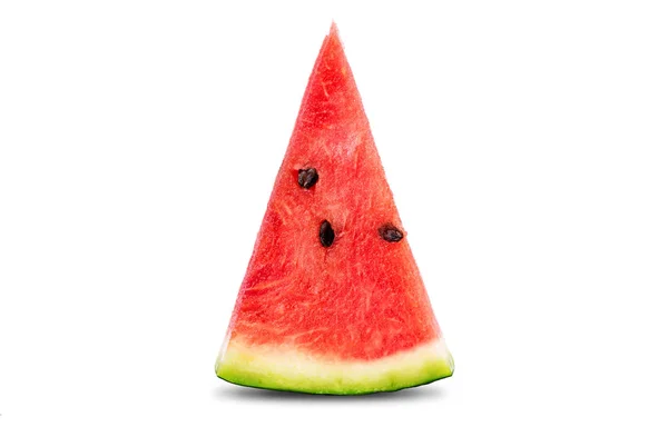 Dreieckiges Stück Reife Wassermelone Mit Schwarzen Samen Auf Weißem Hintergrund — Stockfoto