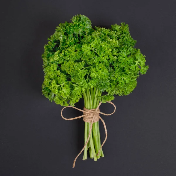 A bunch of curly parsley bandaged with a rope with a bow isolated on a  black background