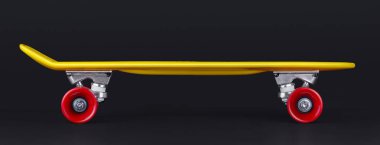 Sarı Kruvazör penny plastboard siyah arka plan üzerinde önden görünüm izole kırmızı tekerlekli