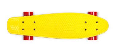 Sarı Kruvazör penny plastboard beyaz arka plan üzerinde üstten görünüm izole kırmızı tekerlekli