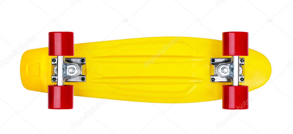 Yellow cruiser penny plastboard with red wheels isolated on white background, back view