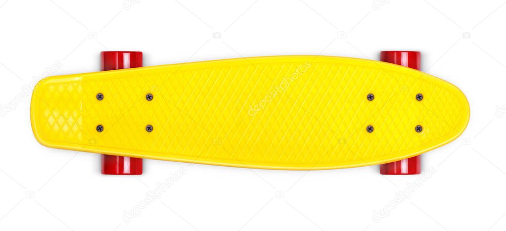 Yellow cruiser penny plastboard with red wheels isolated on white background, top view