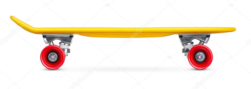 Yellow cruiser penny plastboard with red wheels isolated on white background, front view