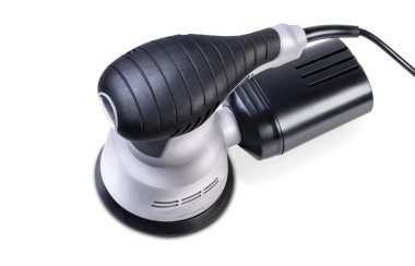 Elektrik el ile dairesel gri değirmeni beyaz arka plan üzerinde izole