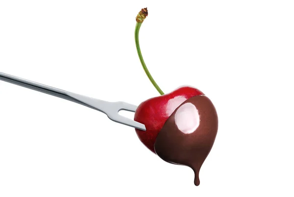 Satu Fondue Cherry Dalam Coklat Hitam Panas Diisolasi Pada Latar — Stok Foto