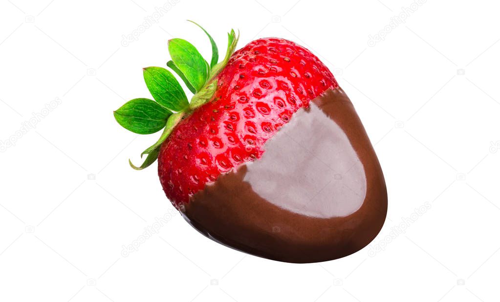 Fondue strawberry in hot black chocolate  isolated on white background