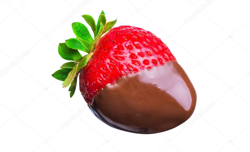 Fondue strawberry in hot black chocolate  isolated on white background