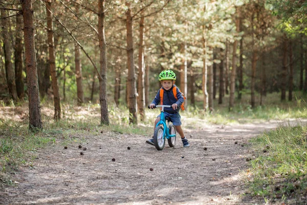 Toddler riding a balance bike along the path in the park