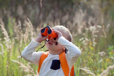 Genç explorer yüksek gra kuşların dürbünlü izlerken