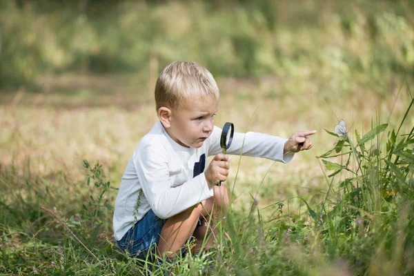 Young researcher explores nature with a magnifying glass — Stock Photo, Image