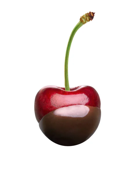 One fondue cherry in hot dark chocolate — Stock Photo, Image
