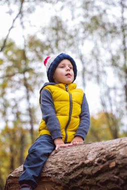 Küçük bir çocuk düşmüş bir ağaç gövdesiüzerinde oturur