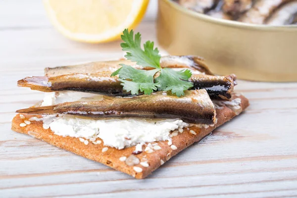 Open Jar Sprat Oil Sandwich Sprats Wooden Table — Stock Photo, Image