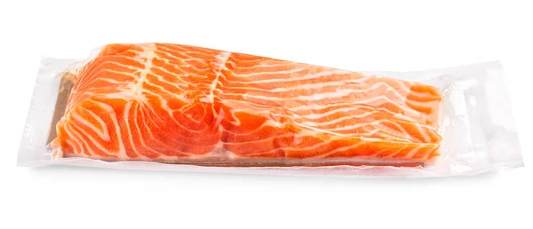 Vacuüm Verpakte Zalm Portie Filet Geïsoleerd Witte Achtergrond Vooraanzicht — Stockfoto