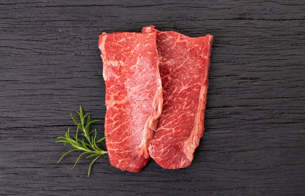 Two Fresh Marbled Steaks Wooden Black Background — Stock Photo, Image