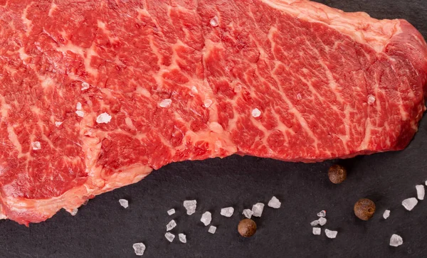 Two Fresh Marbled Steaks Wooden Black Background — Stock Photo, Image