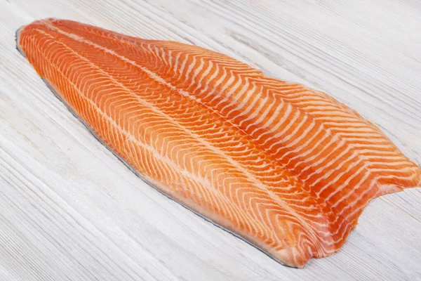 Half Raw Salmon Fillet Wooden Table Top View — Stock Photo, Image