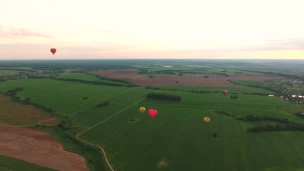 Globos de aire caliente en el cielo sobre un campo.Vista aérea — Vídeos de Stock