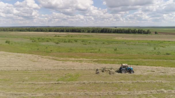Traktor med rake tedders på gården fältet. — Stockvideo