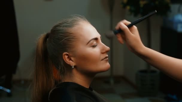 Maquillar artista haciendo profesional maquillaje de mujer joven — Vídeos de Stock