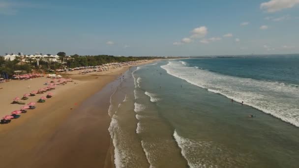 Aerial view beautiful beach with surfers, Bali, Kuta. — Stock Video
