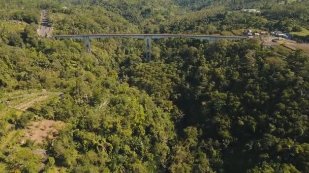 桥梁与汽车路在高山峡谷 在山中的一个绿色的丛林中的高山峡谷的桥鸟瞰图 印尼巴厘岛4K 空中素材 — 图库视频影像