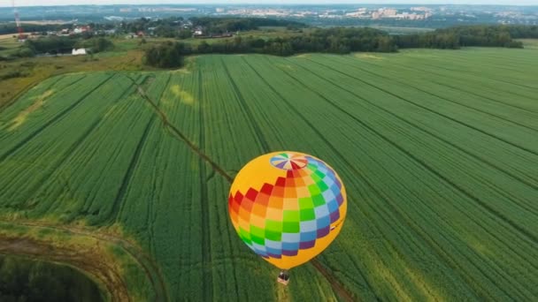 Globo de aire caliente en el cielo sobre un campo . — Vídeo de stock