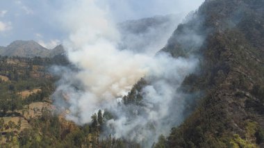 Dağ ormanında yangın. Tepelerde hava manzaralı orman yangını ve duman. Tropikal ormanlardaki dağlardaki vahşi ateş, Java Endonezya. Güneydoğu Asya 'da doğal afet yangını