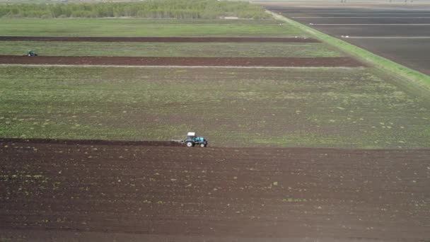 Traktor mezőgazdasági földterületek ekék. — Stock videók