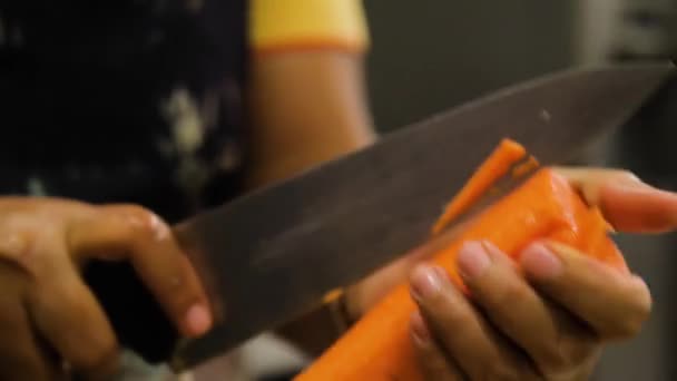 Hand mit Messer schneidet Möhren — Stockvideo