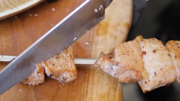 Мясо на гриле на шампуре — стоковое видео