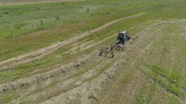 Tractor met harkschudders op het landbouwbedrijf. — Stockvideo