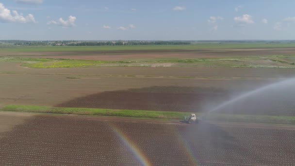 中心ピボットスプリンクラーシステムを使用した空中ビュー作物灌漑 灌漑は農地に水をやる 灌漑システム農地に水をやる — ストック動画