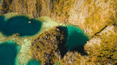Havadan görünümü İki Yataklı göl, deniz, plaj. Tropik ada. Busuanga, Palawan, Filipinler.