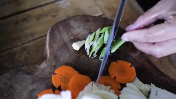 Hand met mes snijdt groene uien — Stockvideo