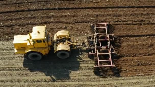 Traktor med tallrikshängare på åkermarken — Stockvideo