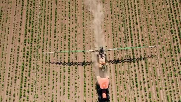 Tractor pulverización de pesticidas en el campo vegetal con pulverizador — Vídeos de Stock