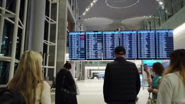 Donna in aeroporto internazionale guardando il bordo di informazioni di volo. — Video Stock