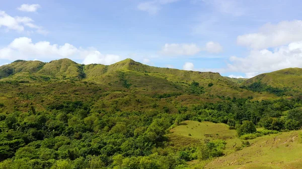 Hügel mit grünem Gras und blauem Himmel mit weißen, geschwollenen Wolken. — Stockfoto