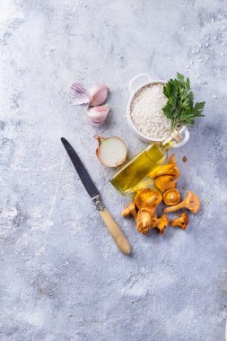 Mantarlı Risotto için malzemeler: Cantharellus cibarius mantar, arborio pirinç, sarımsak, şarap, soğan maydanoz ve zeytinyağı bir taş kartı. Üstten görünüm. Kopya alanı.