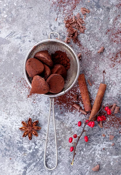 Hemlagad Chokladtryffel Med Sil Dekorerad Med Kanel Stjärnanis Och Cacao — Stockfoto