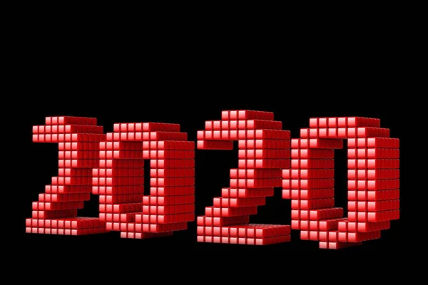 Concept of 2020 New Year text, made from cubes or pixels, or texels isolated on black background. 3D Render