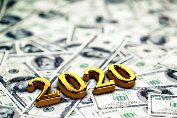 Concept of gold 2020 New Year text on maoney dollars background. 3D Render — Stock Photo, Image