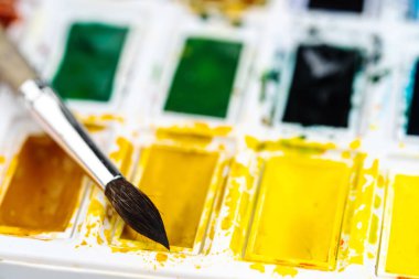 Boya fırçası ile suluboya boyalar ayarlayın. Sanat kavramı