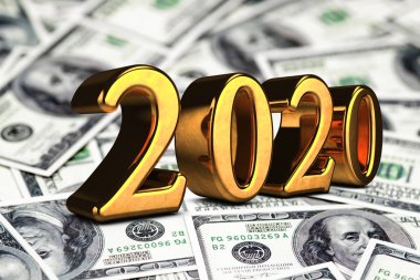 Maoney dolar arka plan altın 2020 Yeni Yıl metin Kavramı. 3d Render