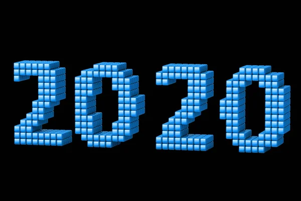 Concept of 2020 New Year text, made from cubes or pixels, or texels isolated on black background. 3D Render